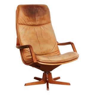 Teak and Leather Swivel Highback Lounge Chair from Berg, 1970s For Sale