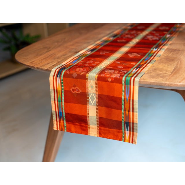 Vintage Japanese Silk Obi Table Runner with Nagoya Floral Mosaic and Ikat-Style Borders This one-of-a-kind table runner is...