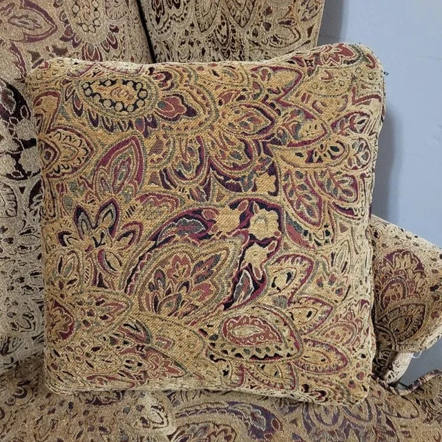 Goldenrod Vintage American Upholstered Queen Anne Wingback Chair, Footstool, and Pillow For Sale - Image 8 of 12