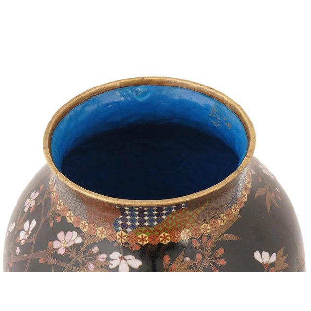 Paint Meiji Japanese Cloisonne Enamel Vase With Birds and Flowers Attributed to Goto For Sale - Image 7 of 9