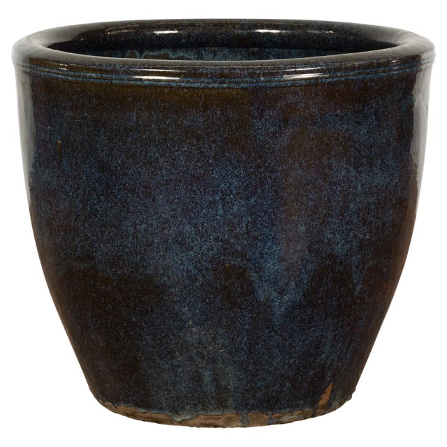 Thai Vintage Oversized Shigaraki Style Namako Glazed Planter with Wave Effects For Sale - Image 13 of 13