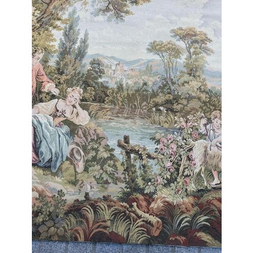 Vintage French Jacquard Pastoral Loves Tapestry in the style of Aubusson, 1950s For Sale - Image 4 of 18