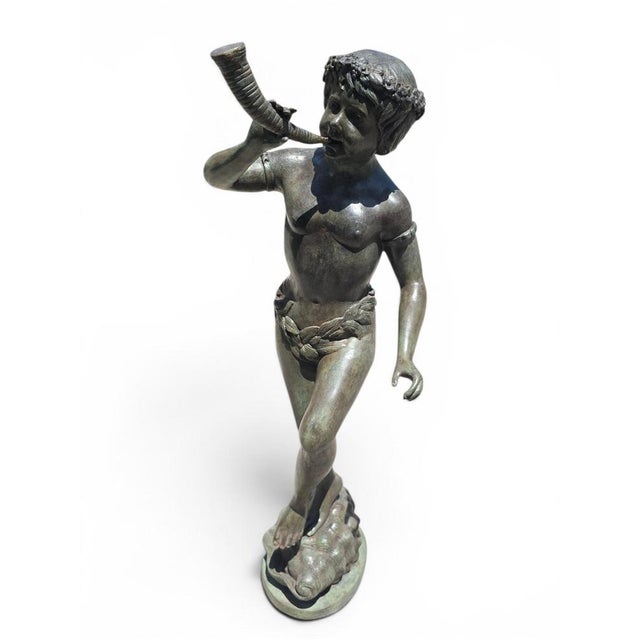 Italian Artist, Large Patinated Sculpture of a Boy Blowing a Horn, Early 20th Century, Bronze For Sale - Image 4 of 9
