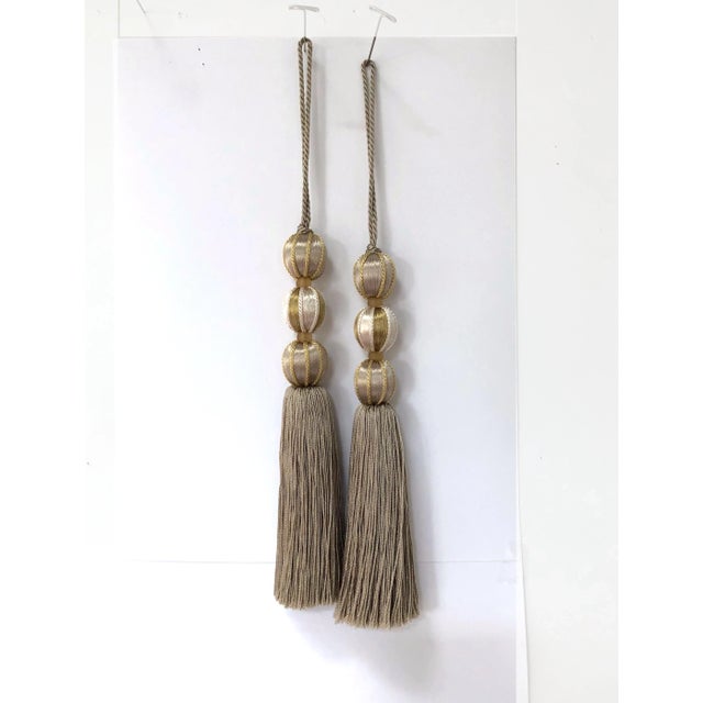 Oyster Gray Pair of Beaded Satin Key Tassels in Natural Mineral Colors- H 7.5 Inches For Sale - Image 8 of 15