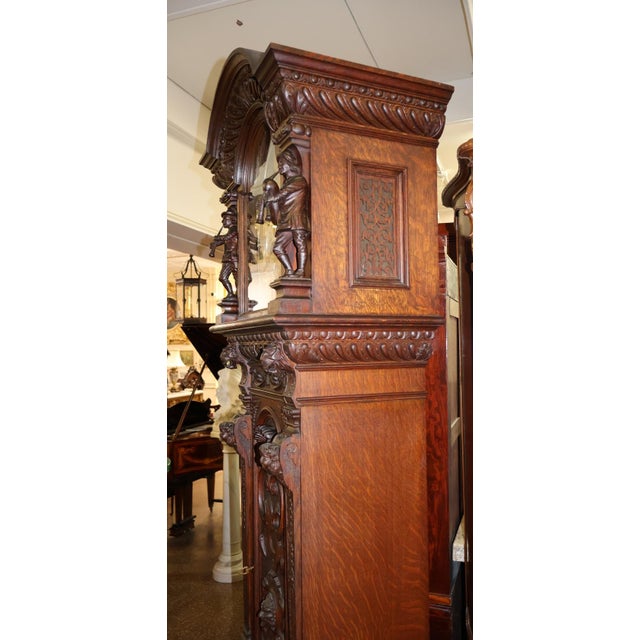 ​​19th Century Tiger Oak Figural Carved Tall Case Grandfather Clock W&h Movement For Sale - Image 4 of 17