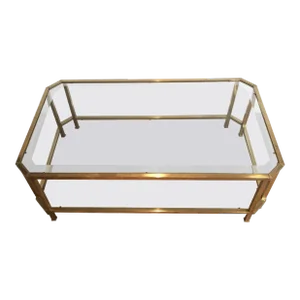 1970s Octogonal Brass Coffee Table with Two Glass Shelves