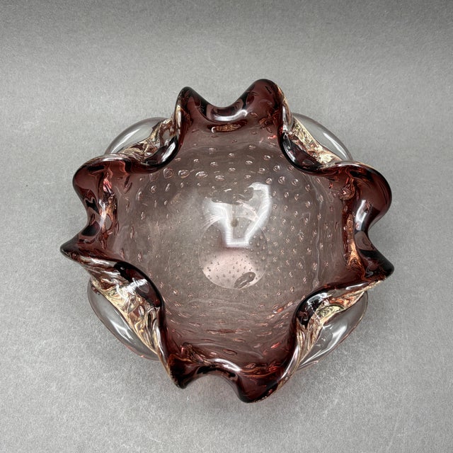 Glass Vintage Barovier & Toso Attributed Mid-Century Amethyst Controlled Bubble Murano Art Glass Trinket Dish Bowl For Sale - Image 7 of 9