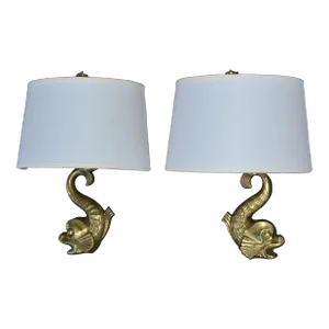 Pair, Bronze E. Guillemard Style Dolphin Sconces Wall Lamp France Animal Lights
