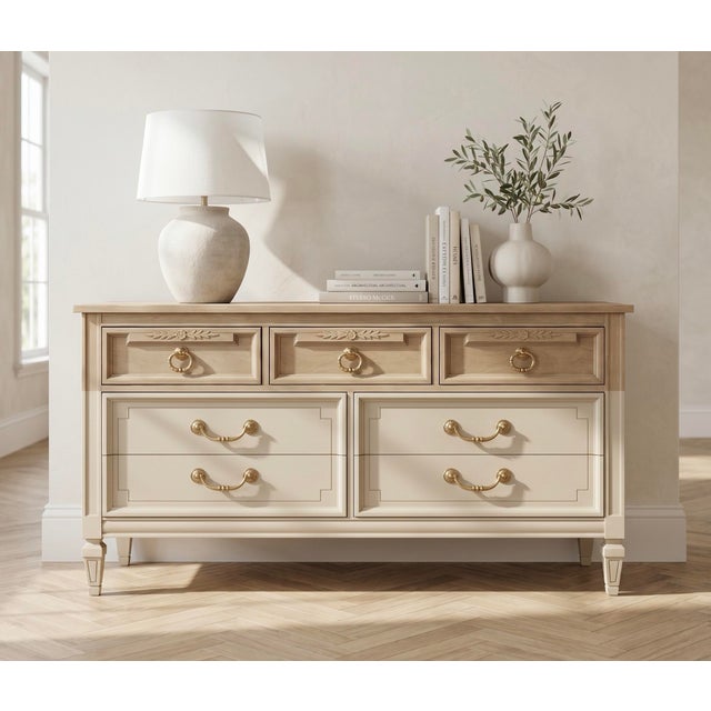 Hollywood Regency 1970s Refinished Elegant Hollywood Regency Dixie Furniture Dresser in Cream & Natural Oak Tones For Sale - Image 3 of 10