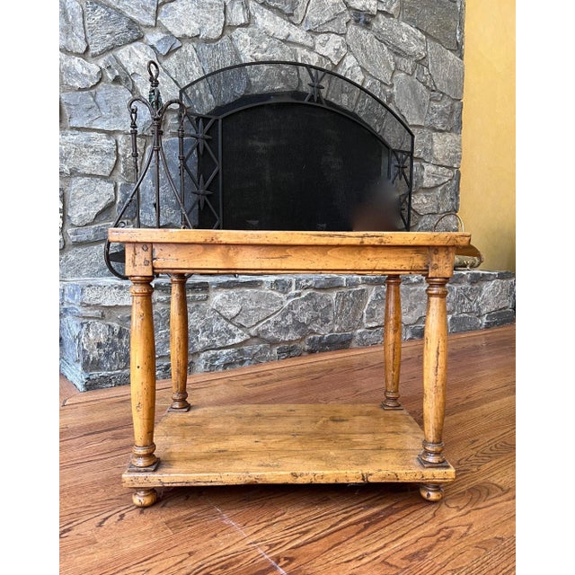 Guy Chaddock hand crafted stained maple accent side table with a square mitered plank top, lower shelf, turned legs and...