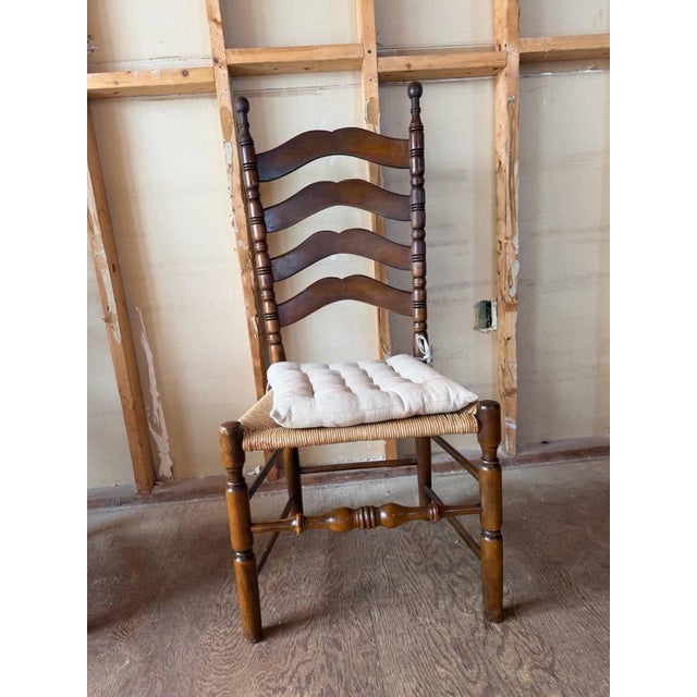 Farmhouse Vintage Early American French Rustic Style High Ladder Back Rush Seat Side Chairs For Sale - Image 3 of 17