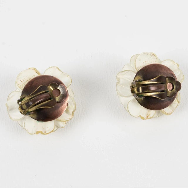 Cilea Paris White Rose Resin Pair of Clip Earrings For Sale - Image 4 of 6