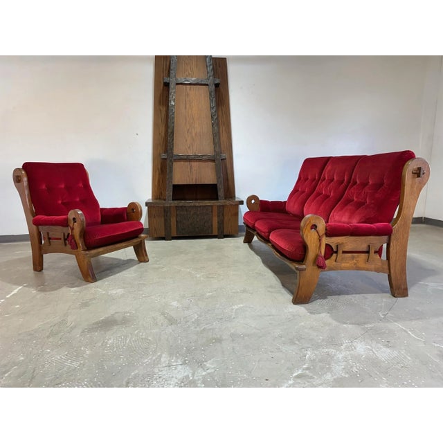 Mid-Century Modern 1970’s Vintage French Brutalist Oak and Red Velvet Sofa For Sale - Image 3 of 12
