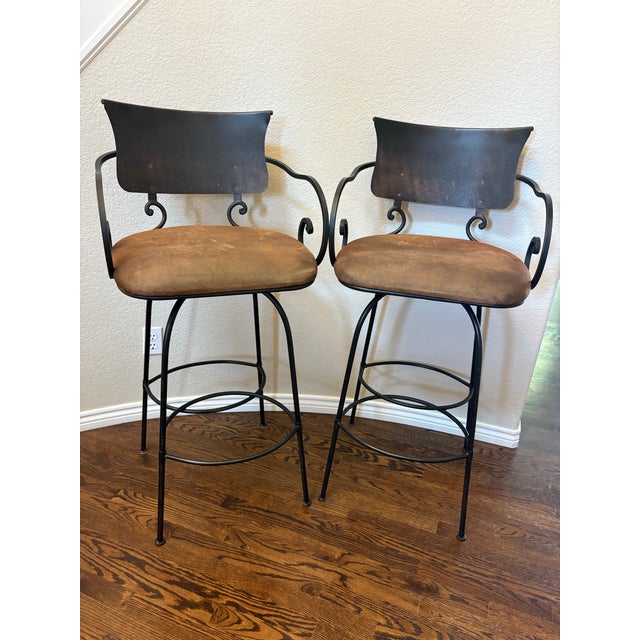 Arhaus Obra 32” Swivel Wrought Iron Bar Stools in Distressed Bronze – Pair For Sale - Image 11 of 12
