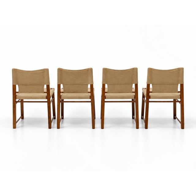 Italian Wooden Dining Chairs with Canvas Upholstery, 1970s, Set of 4, in Very Good conditions. Designed 1960 to 1969
