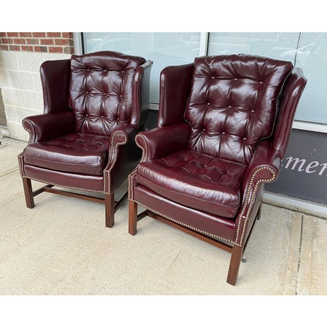 American Pair of Vintage Maroon Leather Wingback Chairs by Classic Leather For Sale - Image 3 of 17