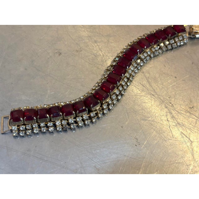 1950s-60s Red Rhinestone Chunky Link Cuff Bracelet For Sale - Image 4 of 6