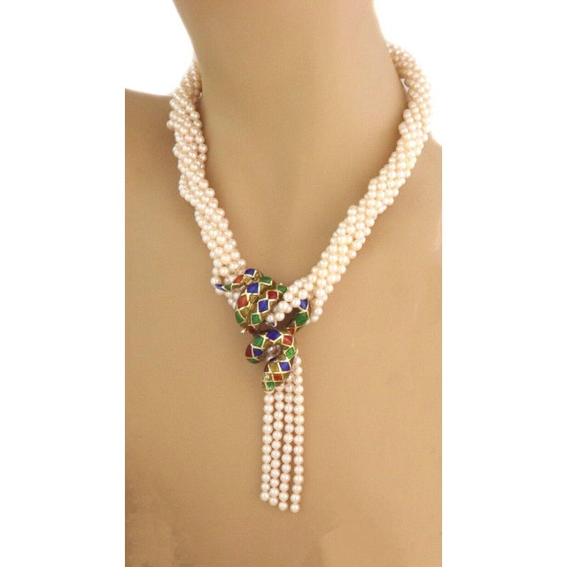 Contemporary 14k Enamel Diamond Snake Pendant 6 Strand Pearls Yellow Gold Necklace For Sale - Image 3 of 10