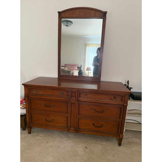 Brown Drexel Mid Century Modern Maoghany Lowboy Dresser With Matching Mirror and Hidden Compartment For Sale - Image 8 of 11