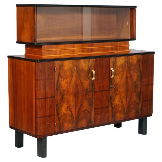 Art Deco Italian Burl Walnut Credenza with Display Cabinet from Strada Abramo, 1930s For Sale
