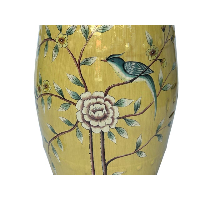 Ceramic Distressed Yellow Porcelain Flower Birds Round Barrel Stool Table For Sale - Image 7 of 8