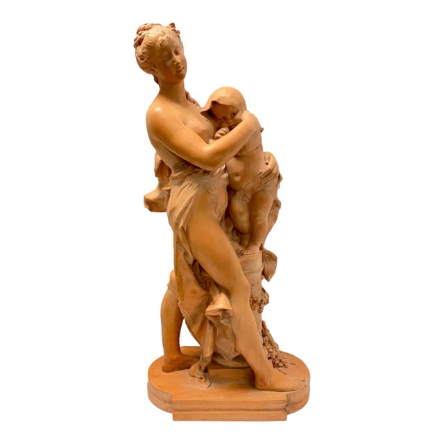 Mother and Child Terracotta Sculpture Signed Rougelet For Sale