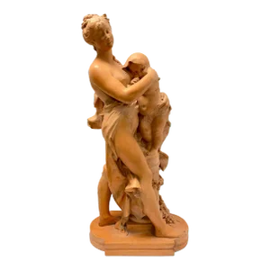 Mother and Child Terracotta Sculpture Signed Rougelet