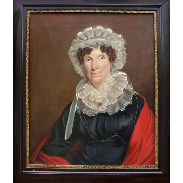 Portraiture Huge Antique French Oil Painting Portrait, c.1800 Woman in Lace Bonnet, Red Shawl, Heavy 38" X 34" Wood Frame For Sale - Image 3 of 12