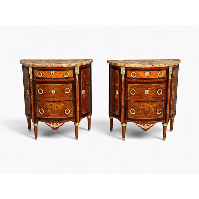 Mid 19th Century Louis Xvi, Diminutive Demilune Commodes, Inlaid Wood, Bronze, France, 19th C. For Sale - Image 5 of 18