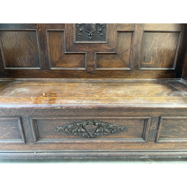 Antique Carved Oak Settle With Lion's Head Arm Rests and Beveled Edge Mirror For Sale - Image 11 of 12