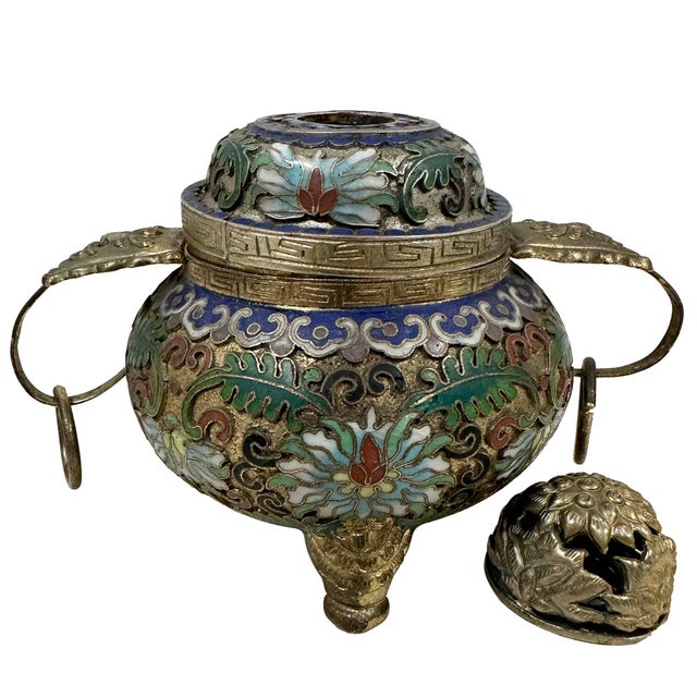 Gold Early 20th Century Antique Chinese Cloisonné Enamel Tripod Censer For Sale - Image 8 of 10