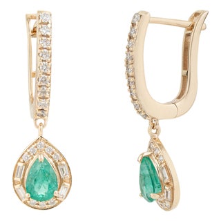 Art Deco Emerald & Diamond Halo Drop Leverback Earrings in 14k Gold- 2 Pieces For Sale