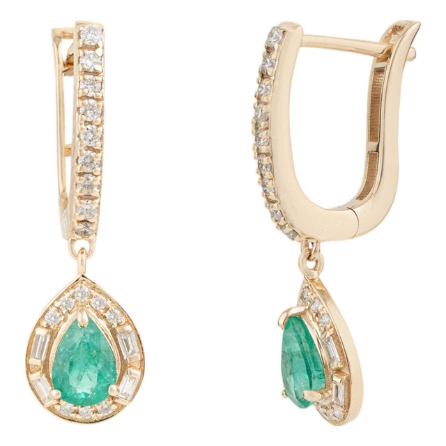 Art Deco Emerald & Diamond Halo Drop Leverback Earrings in 14k Gold- 2 Pieces For Sale