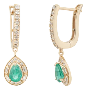 Art Deco Emerald & Diamond Halo Drop Leverback Earrings in 14k Gold- 2 Pieces