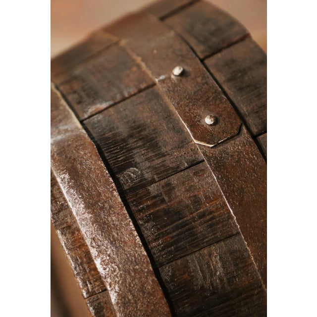 Brown 19th Century French Polished Iron and Oak Decorative Wine Barrel Top For Sale - Image 8 of 10