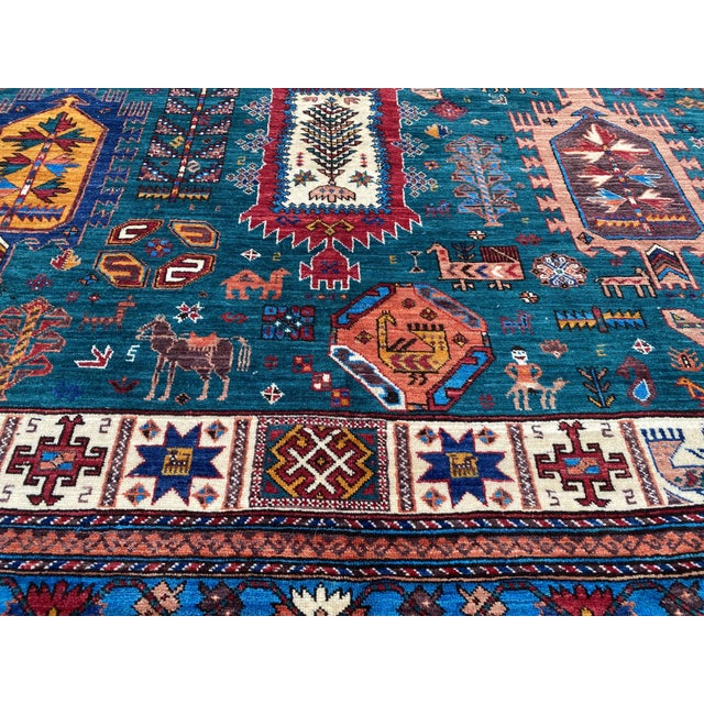 Vintage Teal Wool Kazak-Style Tribal Rug 9 X 13 For Sale - Image 6 of 17