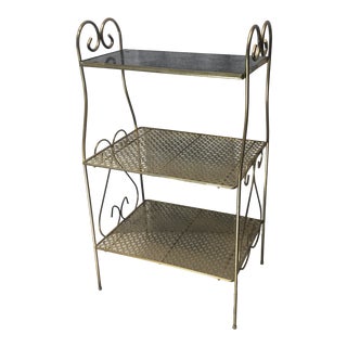 Mid Century Modern Pierced Metal Storage Shelf in Gold and Black For Sale