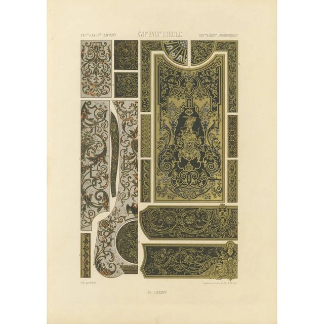 After Racinet, 17th-18th Century French Decorative Panels with Gilded Scrollwork and Inlay, 1869, Print For Sale