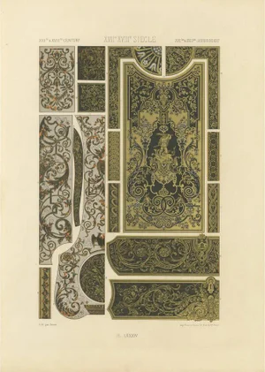 After Racinet, 17th-18th Century French Decorative Panels with Gilded Scrollwork and Inlay, 1869, Print