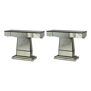 Art Deco Style, Mirrored Console Tables, Painted Wood, Distressed Glass For Sale