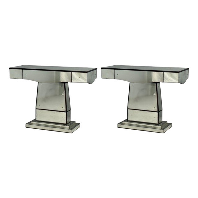 Art Deco Style, Mirrored Console Tables, Painted Wood, Distressed Glass For Sale