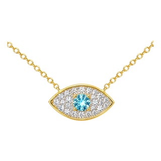 Mid 20th Century 14k Yellow Gold Blue Topaz Diamond Evil Eye Necklace Estate For Sale