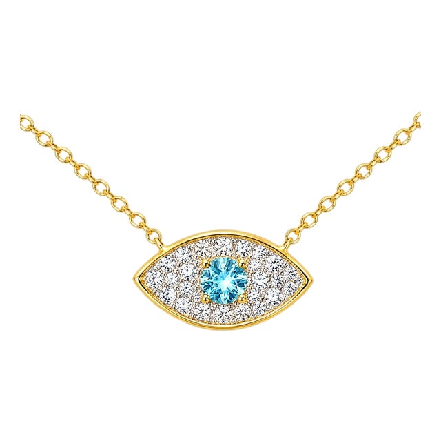 Mid 20th Century 14k Yellow Gold Blue Topaz Diamond Evil Eye Necklace Estate For Sale