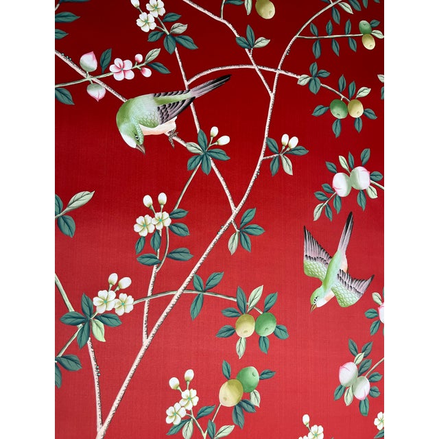 Red Chinoiserie Fruit Tree & Pheasant Mural | Hand-Painted Wall Decor For Sale - Image 4 of 4