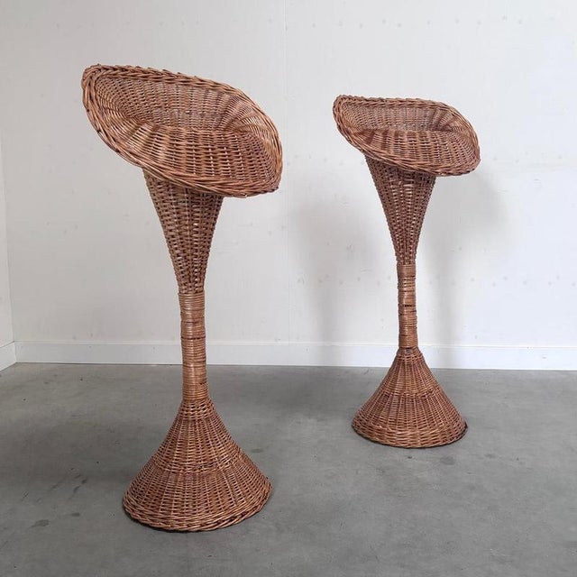 Set of vintage brocante plant stands, France 1960s. Wicker and rattan. Both in good condition, with signs of use....