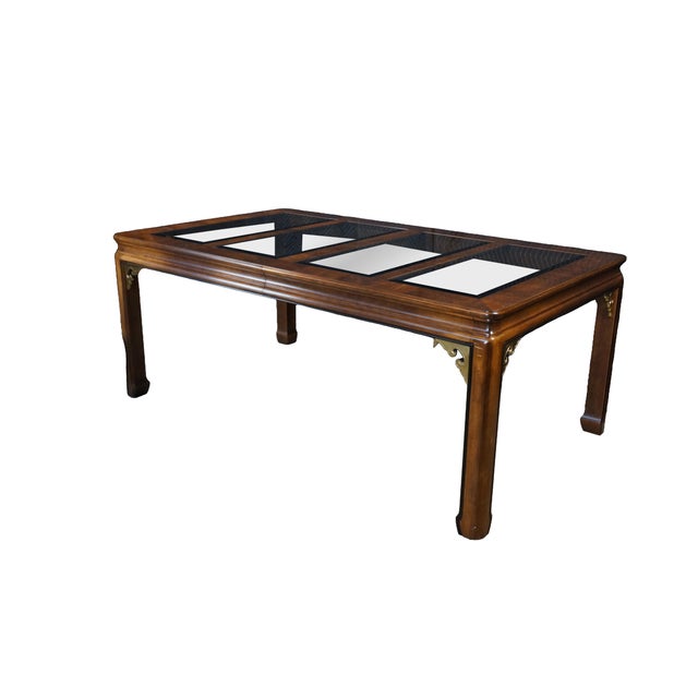 Mid Century / Hollywood Regency Chinoiserie extension dining table. Made from walnut showcasing a beautiful, warm grain...