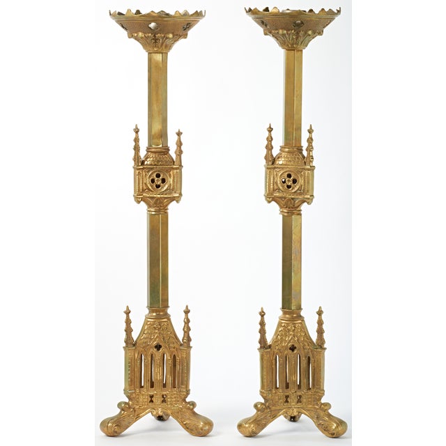 Pair Antique Gothic Cathedral Brass Candlesticks For Sale - Image 4 of 12
