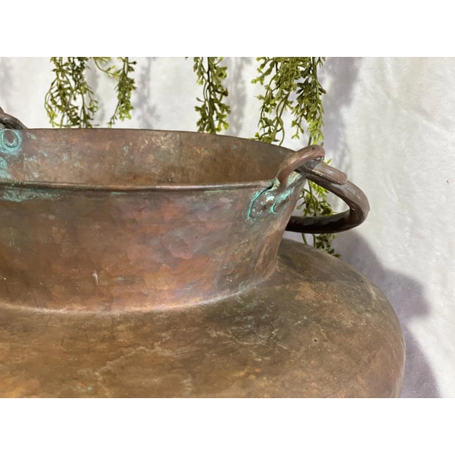 Copper Hand Crafted Antique Copper Cauldron: Hand Hammered Firewood Bucket Green Patina Worn For Sale - Image 8 of 10