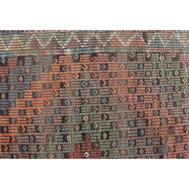 Mid 20th Century Mid 20th Century Softly Colored Turkish Vintage Embroidered Kilim Rug With Multi Layered Diamond For Sale - Image 4 of 11
