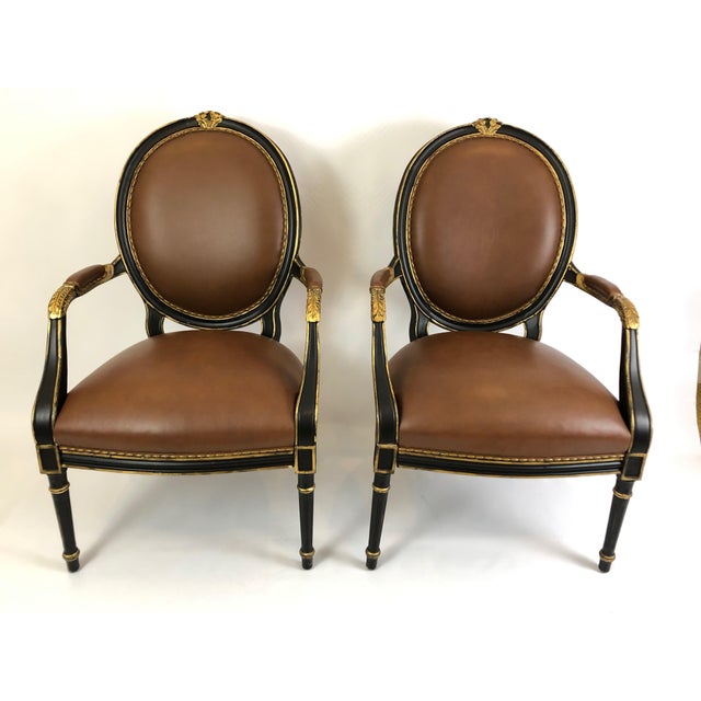 Pair of Supple Brown Leather and Ebonized Gilded Armchairs ...
